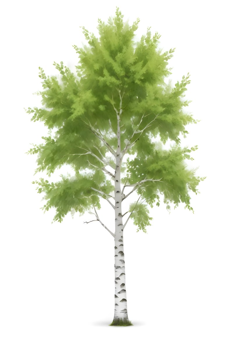 A Tall Birch Tree With White Bark And Lush Green Leaves Against A White Background 7 A87d