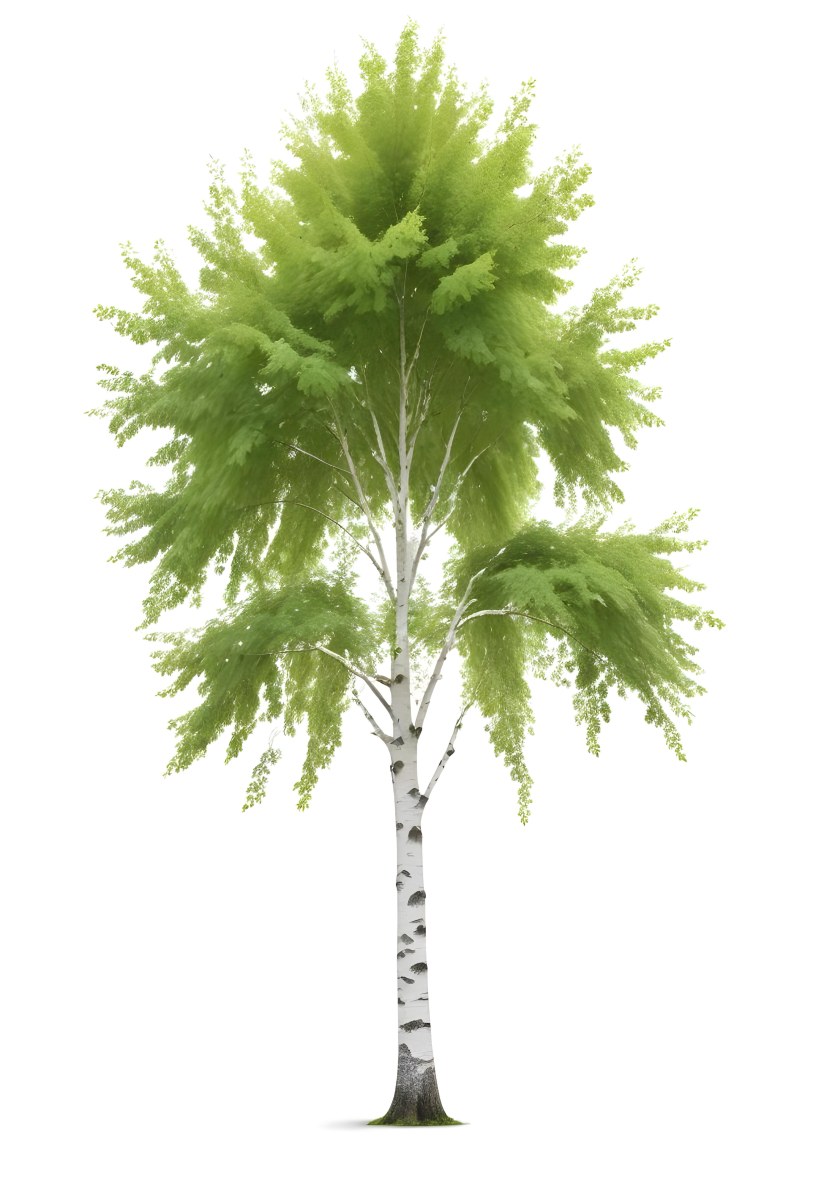 A Tall Birch Tree With White Bark And Lush Green Leaves Against A White Background 8 98e2