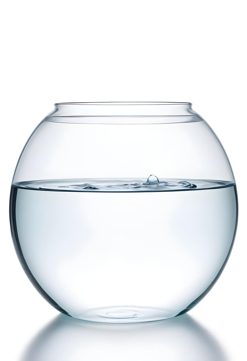 A Transparent Glass Fishbowl Filled Halfway With Clear Water Set Against A Plain White Background Showcasing The Simple Elegance Of The Container And Its Contents 1 9133