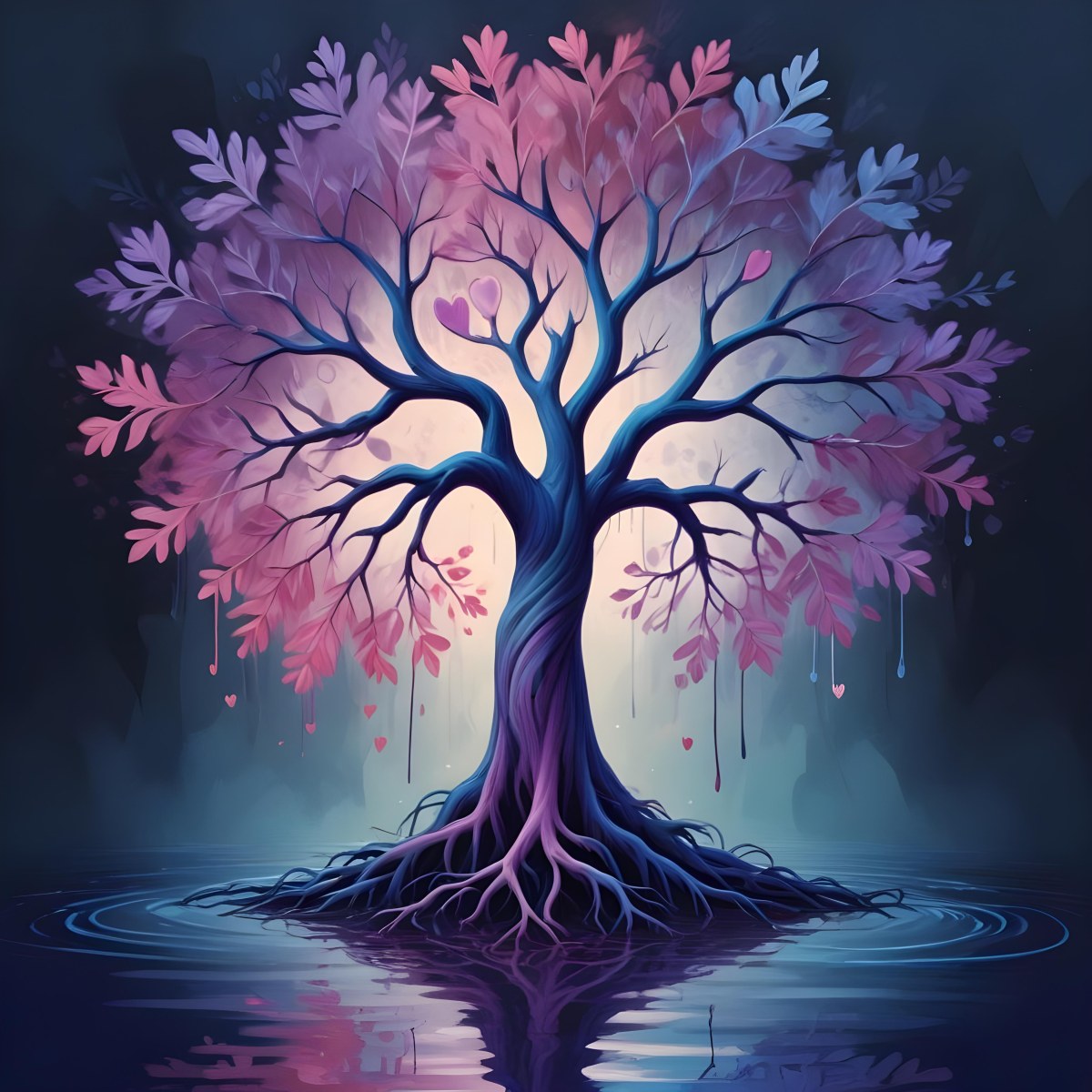 A Tree With Heart Shaped Leaves In Pastel Colors The Trunk Is Dark Blue And The Roots Are Submerged In Water Dark Background With Pink And Purple Tones 5 7b76