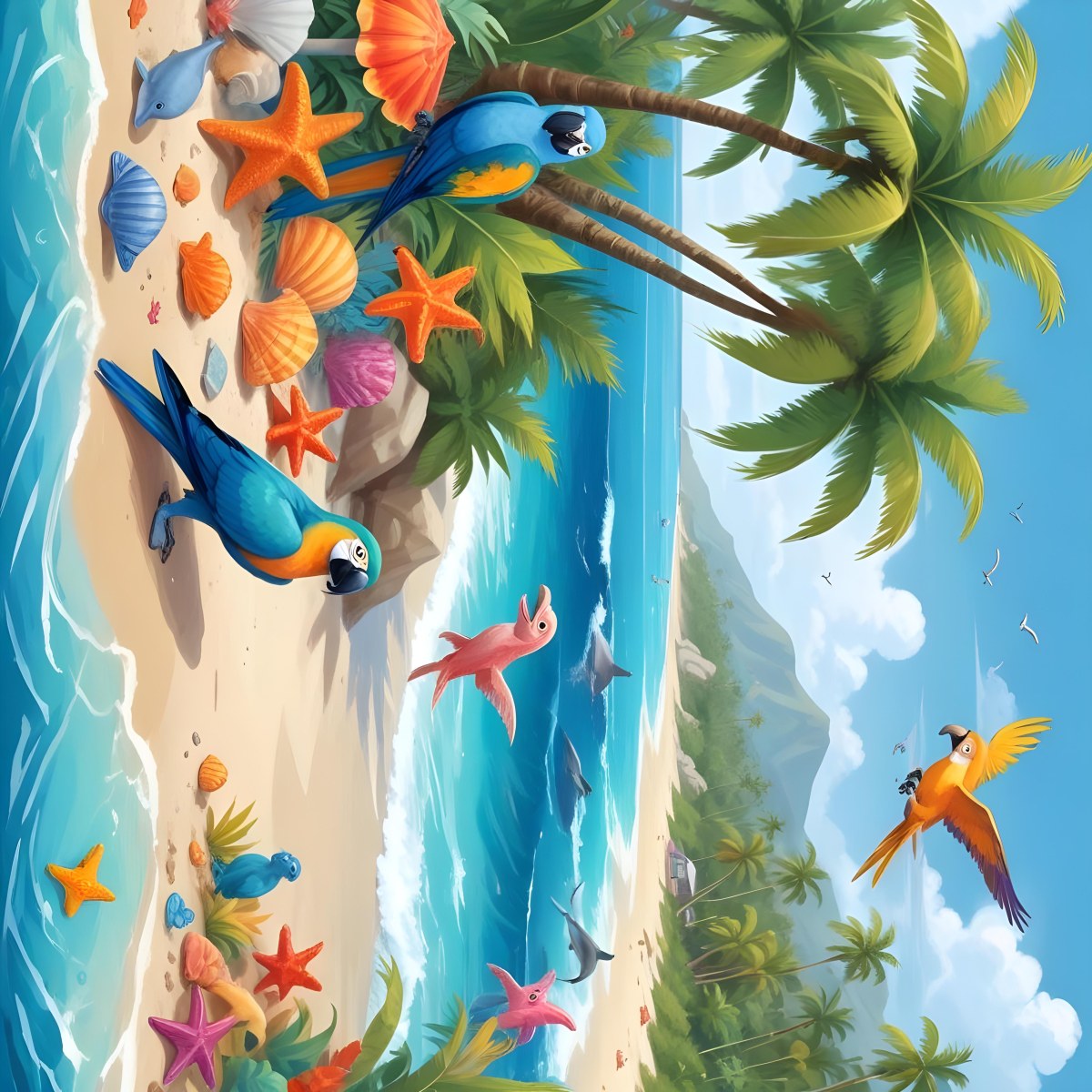 A Tropical Beach Scene With Palm Trees A Monkey Colorful Birds Dolphins And Various Sea Creatures On The Shore Featuring A Desert Oasis Under A Bright Sunny Sky With Gentle Waves In The Background 5 4d3d