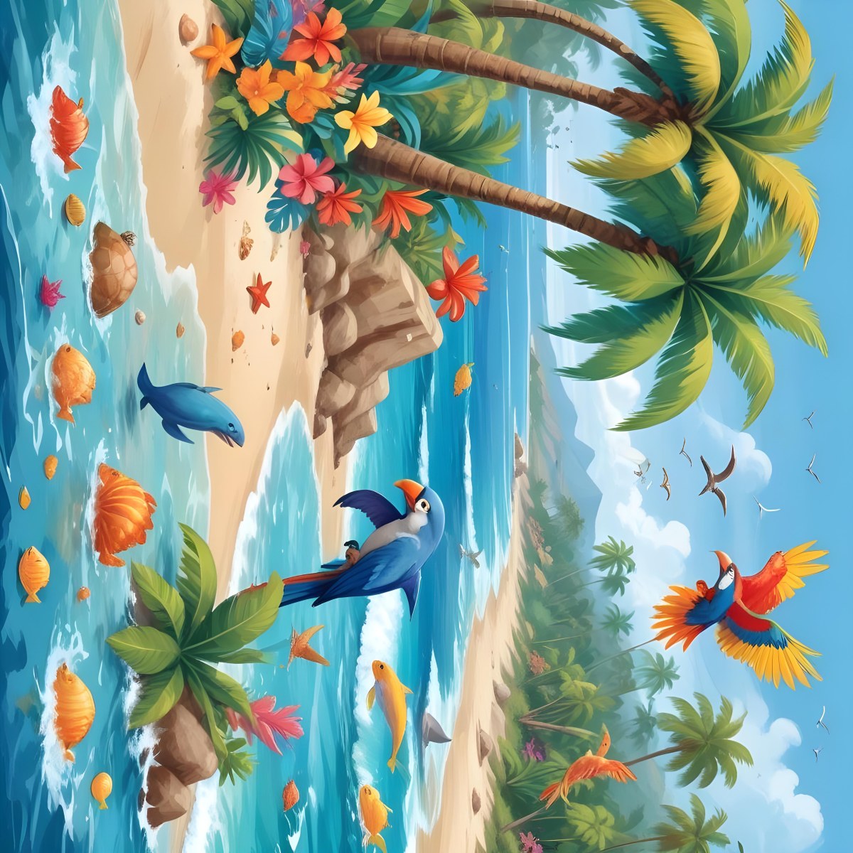 A Tropical Beach Scene With Palm Trees A Monkey Colorful Birds Dolphins And Various Sea Creatures On The Shore Featuring A Desert Oasis Under A Bright Sunny Sky With Gentle Waves In The Background 7 3976