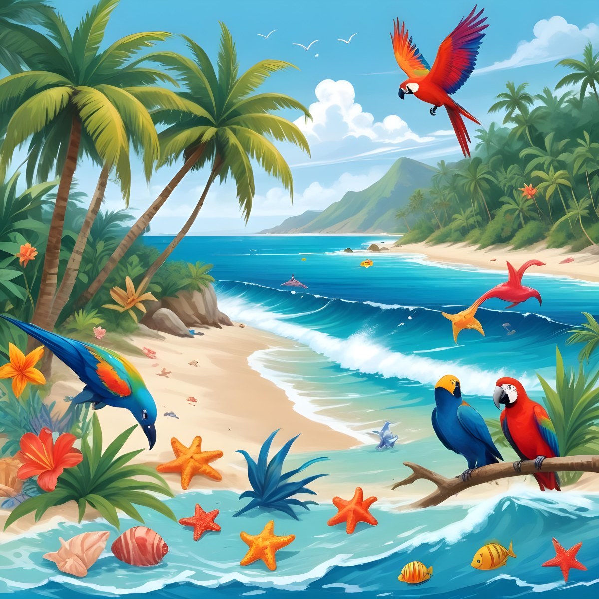 A Tropical Beach Scene With Palm Trees A Monkey Colorful Birds Dolphins And Various Sea Creatures On The Shore Featuring A Desert Oasis Under A Bright Sunny Sky With Gentle Waves In The Background 8 E114