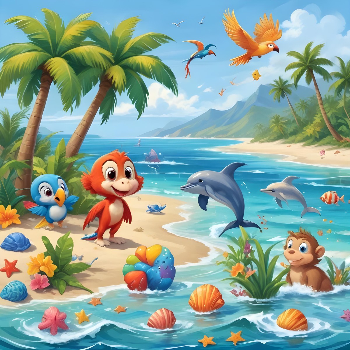 A Tropical Beach Scene With Palm Trees A Monkey Colorful Birds Dolphins And Various Sea Creatures On The Shore Featuring A Desert Oasis Under A Bright Sunny Sky With Gentle Waves In The Background 9 E186