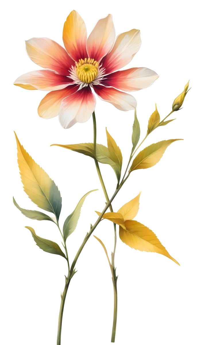 A Vibrant White Flower With A White Center Yellow Leaves And A Slender Stem Set Against A Vibrant Background Watercolor Style 12 1ae5