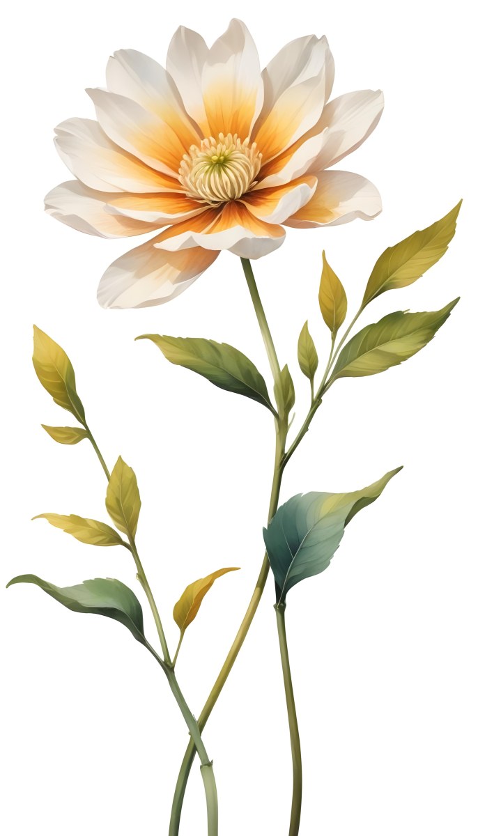 A Vibrant White Flower With A White Center Yellow Leaves And A Slender Stem Set Against A Vibrant Background Watercolor Style 18 2472