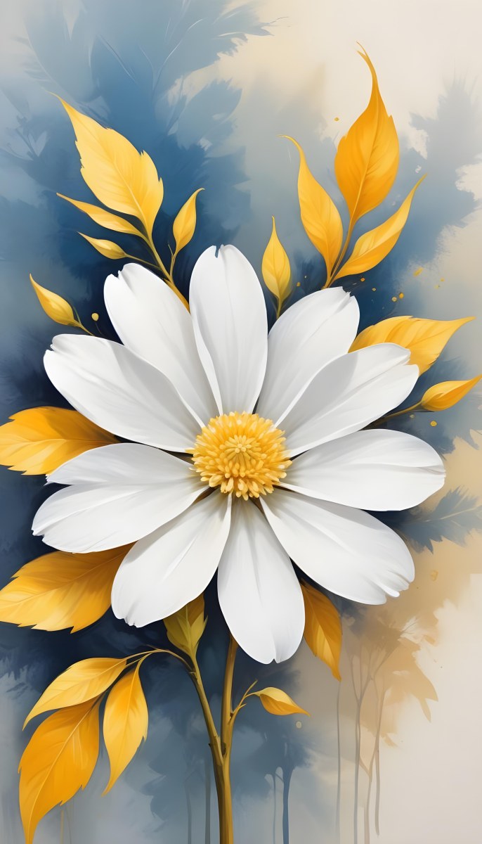 A Vibrant White Flower With A White Center Yellow Leaves And A Slender Stem Set Against A Vibrant Background Watercolor Style 22 A941