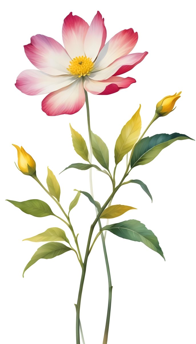 A Vibrant White Flower With A White Center Yellow Leaves And A Slender Stem Set Against A Vibrant Background Watercolor Style 31 E266