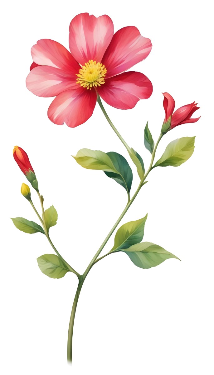 A Vibrant White Flower With A White Center Yellow Leaves And A Slender Stem Set Against A Vibrant Background Watercolor Style 5 836b