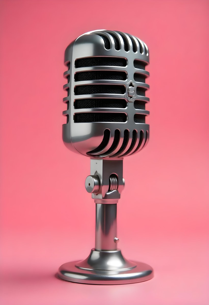 A Vintage Microphone With A Silver Finish Showcasing Its Classic Design And Intricate Details Set Against A Soft Pink Background 1 6983