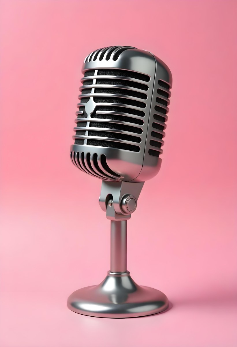 A Vintage Microphone With A Silver Finish Showcasing Its Classic Design And Intricate Details Set Against A Soft Pink Background 14 8104