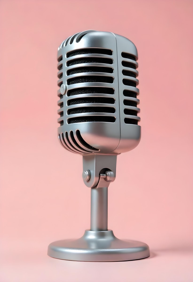 A Vintage Microphone With A Silver Finish Showcasing Its Classic Design And Intricate Details Set Against A Soft Pink Background 18 6d96