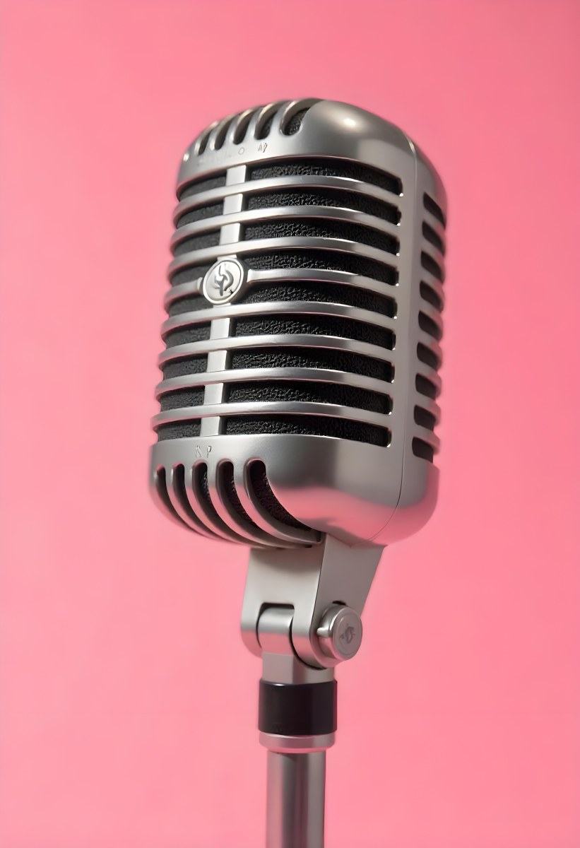 A Vintage Microphone With A Silver Finish Showcasing Its Classic Design And Intricate Details Set Against A Soft Pink Background 2 8527