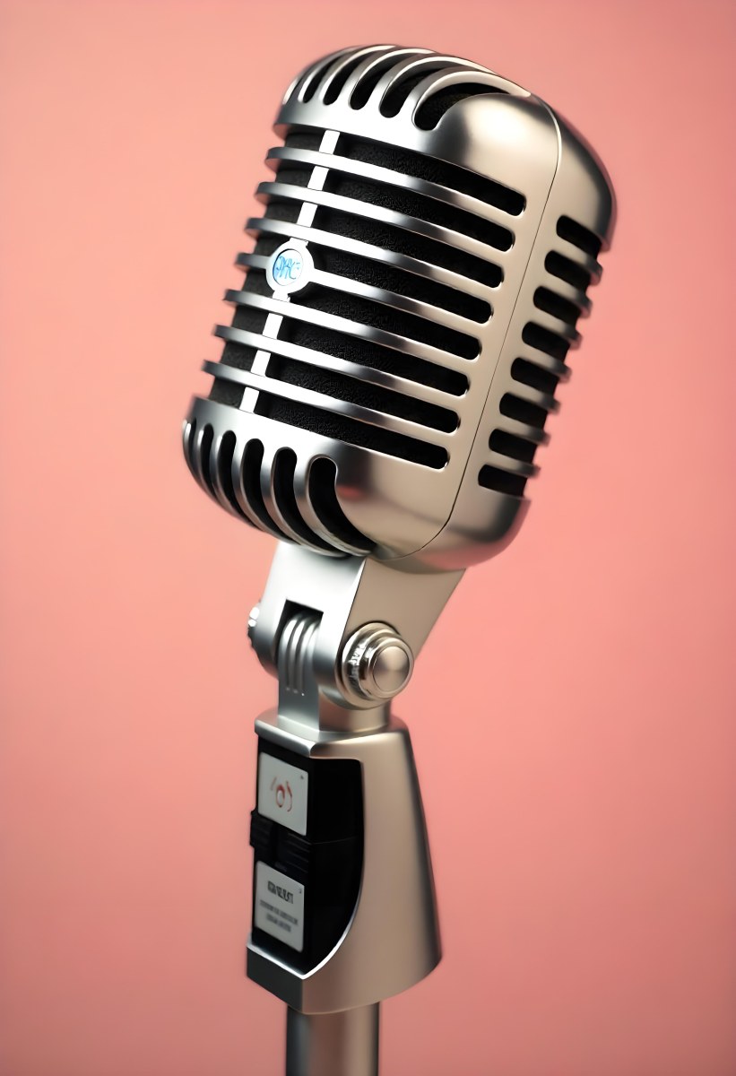 A Vintage Microphone With A Silver Finish Showcasing Its Classic Design And Intricate Details Set Against A Soft Pink Background 30 112d
