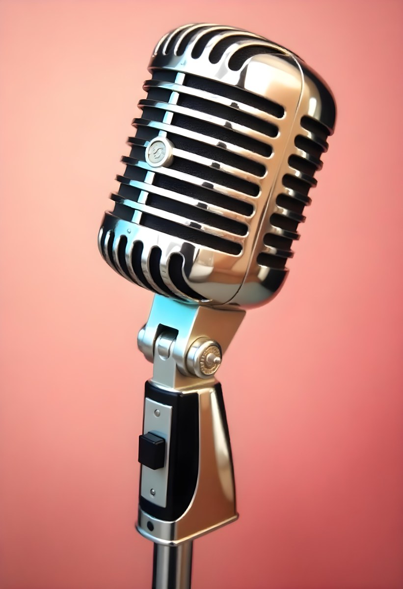 A Vintage Microphone With A Silver Finish Showcasing Its Classic Design And Intricate Details Set Against A Soft Pink Background 36 C3a6