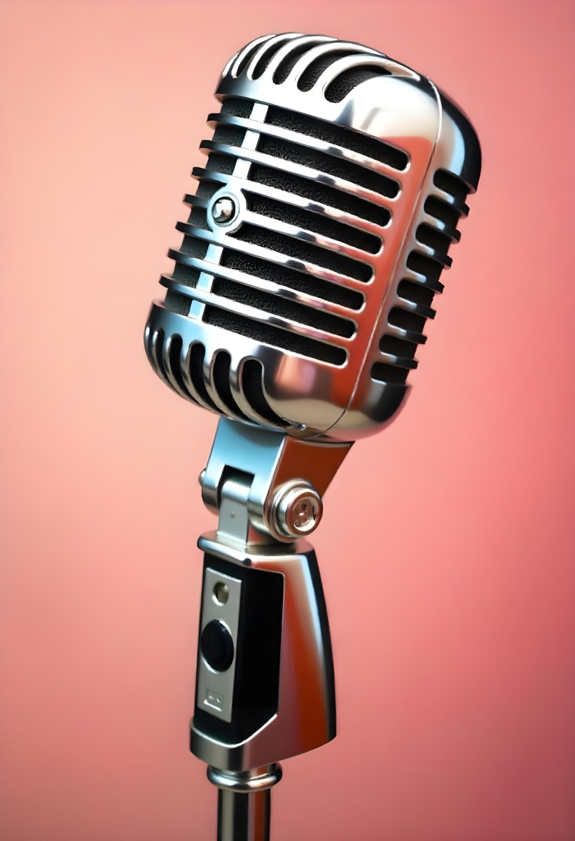 A Vintage Microphone With A Silver Finish Showcasing Its Classic Design And Intricate Details Set Against A Soft Pink Background 37 Fb31