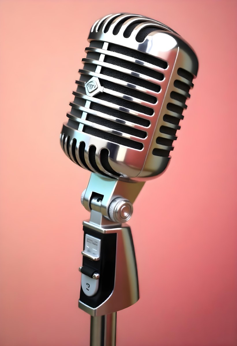 A Vintage Microphone With A Silver Finish Showcasing Its Classic Design And Intricate Details Set Against A Soft Pink Background 39 08d6