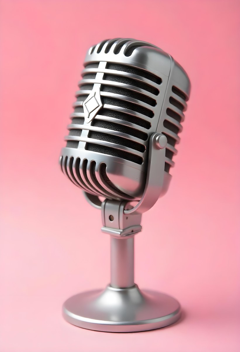 A Vintage Microphone With A Silver Finish Showcasing Its Classic Design And Intricate Details Set Against A Soft Pink Background 4 5d54