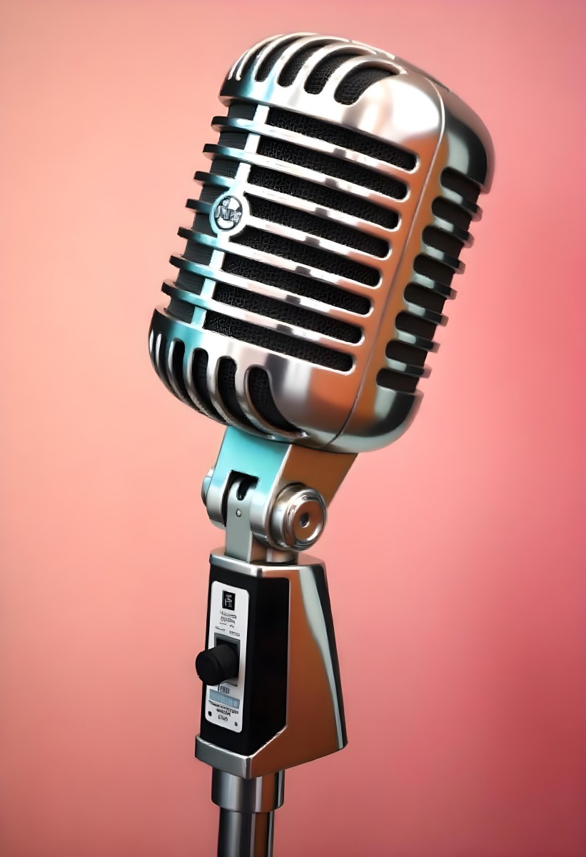 A Vintage Microphone With A Silver Finish Showcasing Its Classic Design And Intricate Details Set Against A Soft Pink Background 40 0472