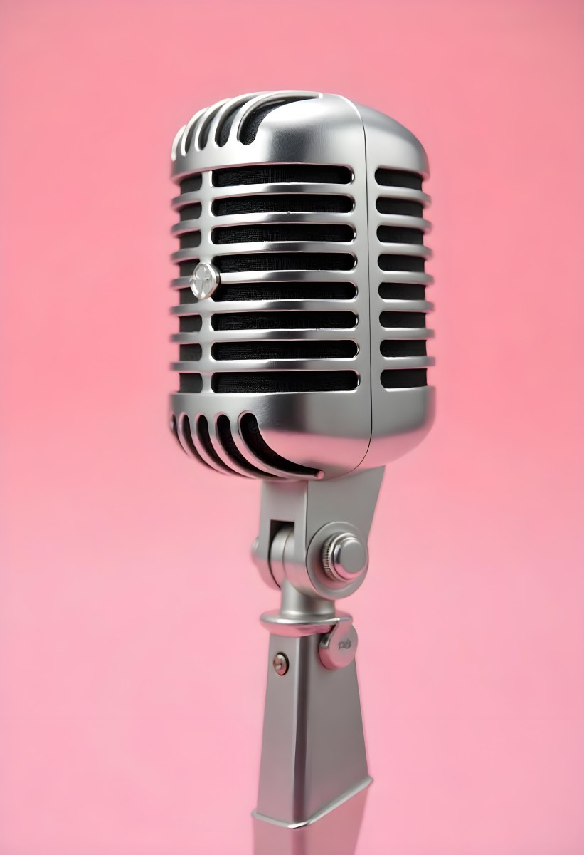 A Vintage Microphone With A Silver Finish Showcasing Its Classic Design And Intricate Details Set Against A Soft Pink Background 5 26af