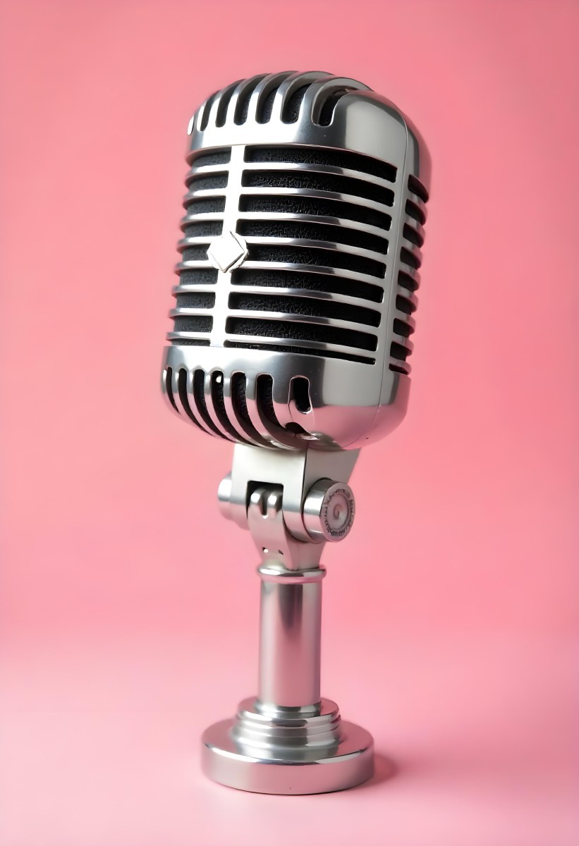 A Vintage Microphone With A Silver Finish Showcasing Its Classic Design And Intricate Details Set Against A Soft Pink Background 6 1998