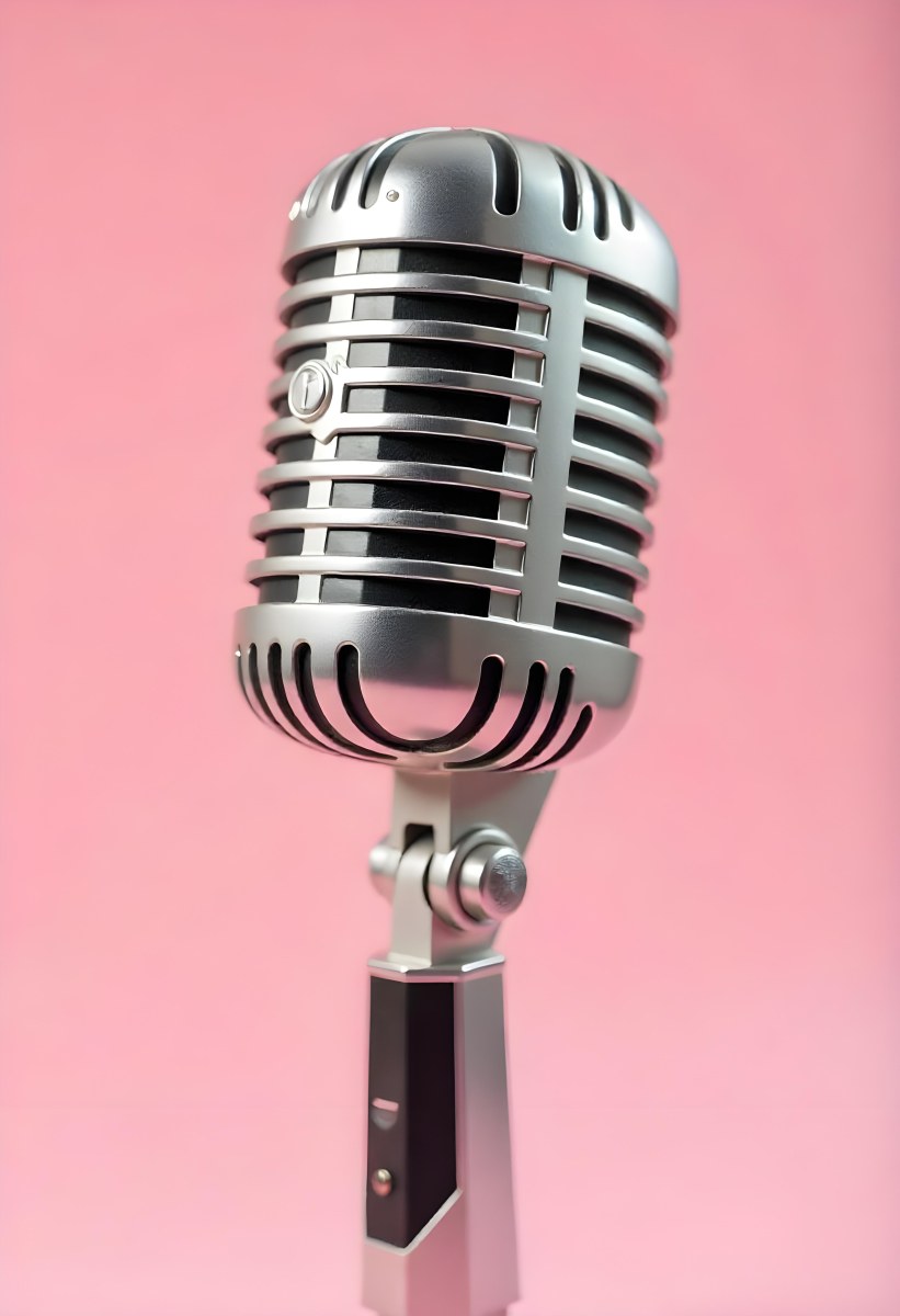 A Vintage Microphone With A Silver Finish Showcasing Its Classic Design And Intricate Details Set Against A Soft Pink Background 7 85e9
