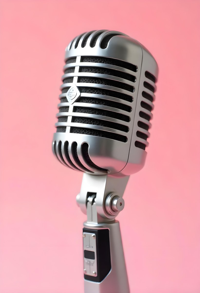 A Vintage Microphone With A Silver Finish Showcasing Its Classic Design And Intricate Details Set Against A Soft Pink Background 8 Bcde