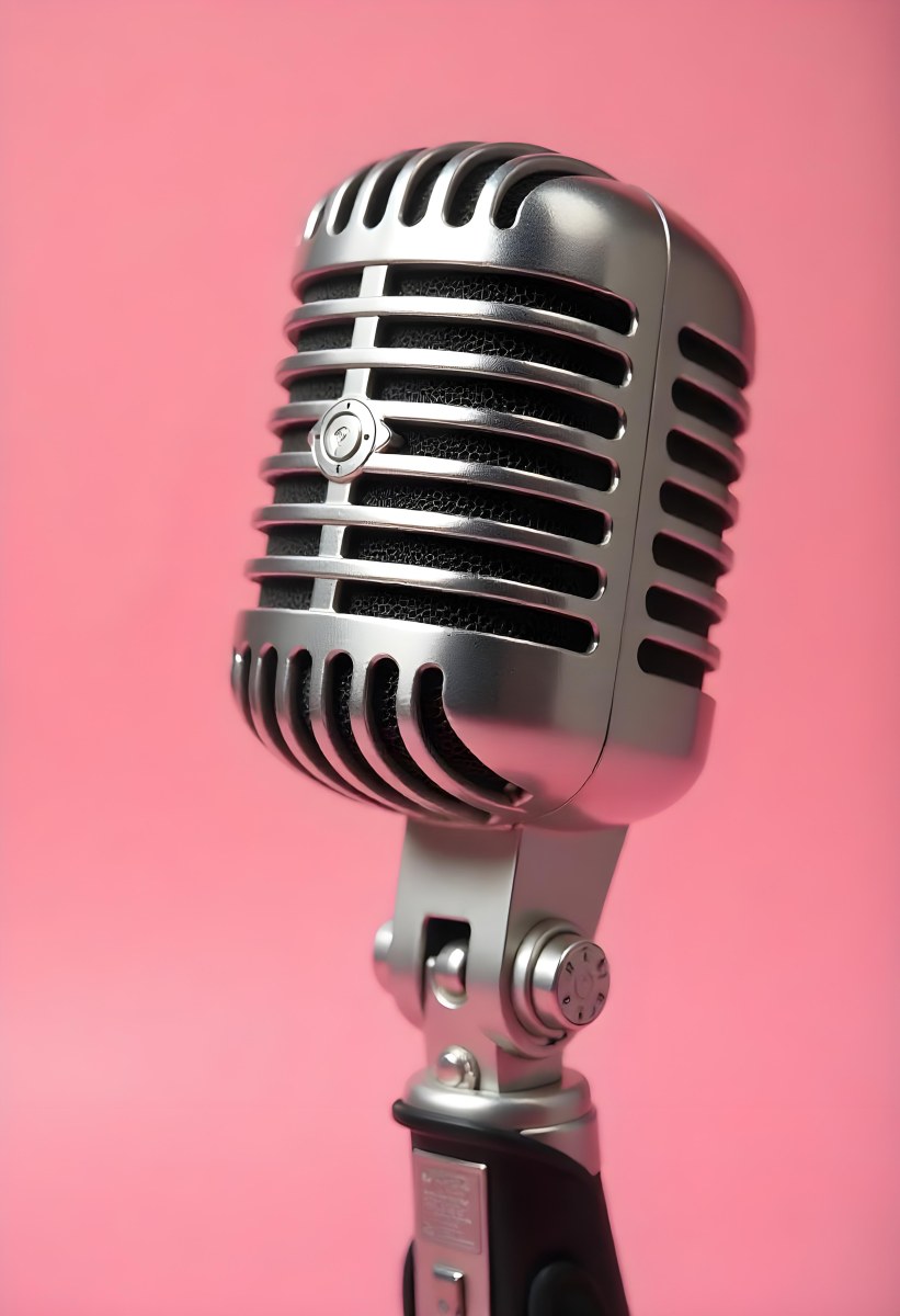 A Vintage Microphone With A Silver Finish Showcasing Its Classic Design And Intricate Details Set Against A Soft Pink Background 9 3fe9