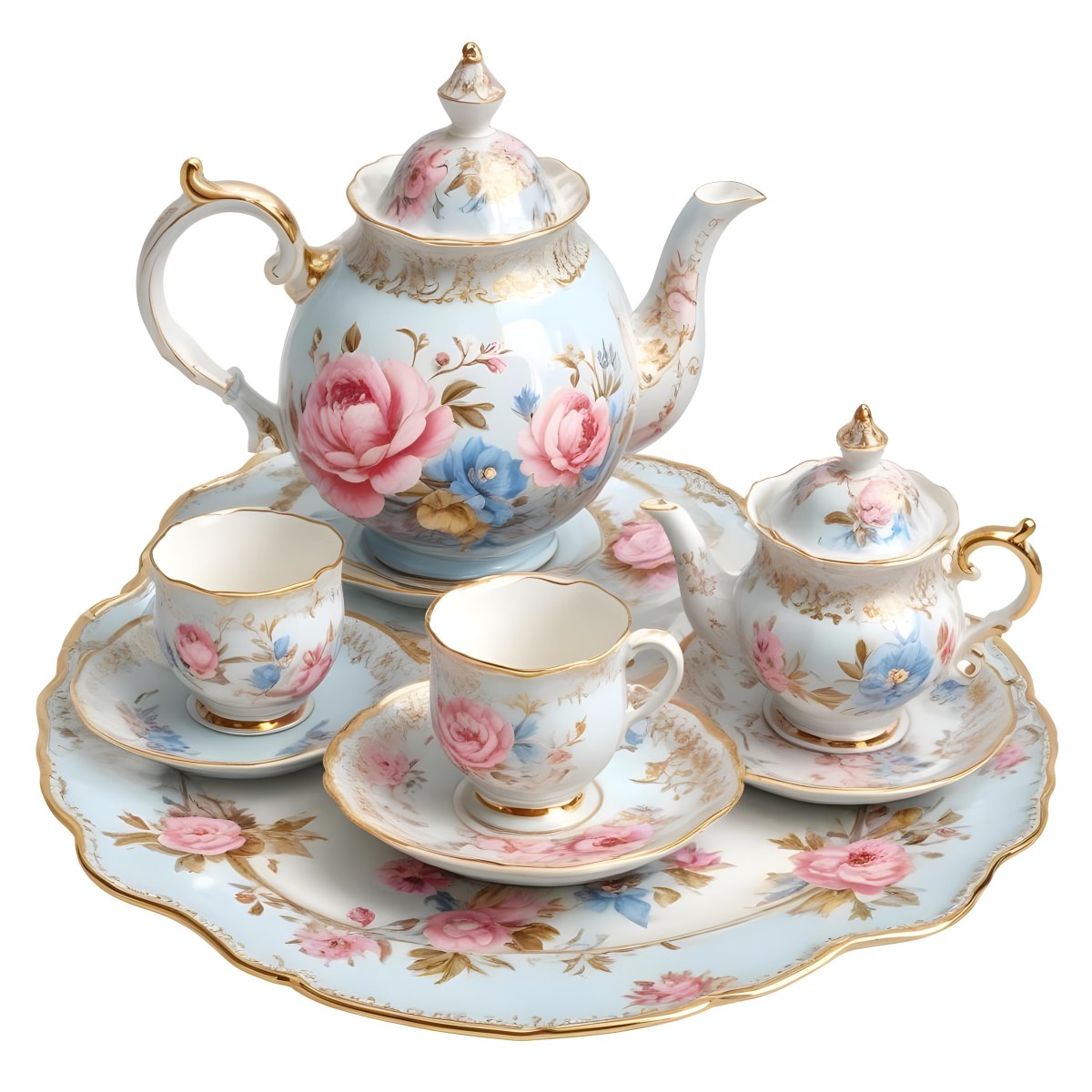 A Vintage Style Porcelain Tea Set With A Teapot Cups Saucers And A Tray The Set Is Decorated With A Floral Pattern Of Pink Roses Blue Flowers And Gold Accents The Teapot Has A Gold Colored Li 12 0298