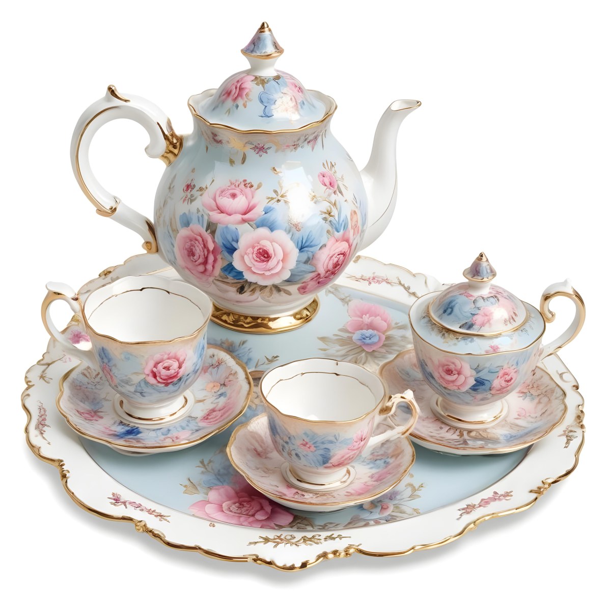 A Vintage Style Porcelain Tea Set With A Teapot Cups Saucers And A Tray The Set Is Decorated With A Floral Pattern Of Pink Roses Blue Flowers And Gold Accents The Teapot Has A Gold Colored Li 13 3d37
