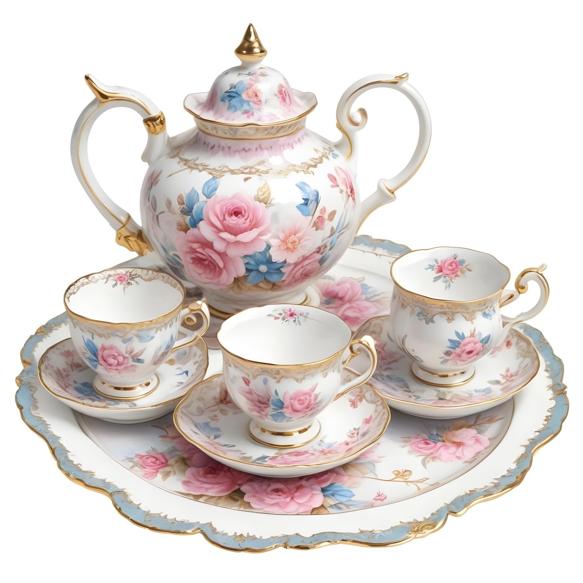 A Vintage Style Porcelain Tea Set With A Teapot Cups Saucers And A Tray The Set Is Decorated With A Floral Pattern Of Pink Roses Blue Flowers And Gold Accents The Teapot Has A Gold Colored Li 17 62a2