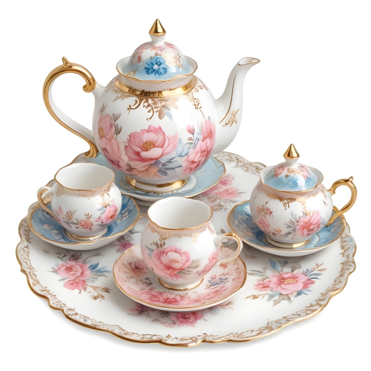 A Vintage Style Porcelain Tea Set With A Teapot Cups Saucers And A Tray The Set Is Decorated With A Floral Pattern Of Pink Roses Blue Flowers And Gold Accents The Teapot Has A Gold Colored Li 20 684c
