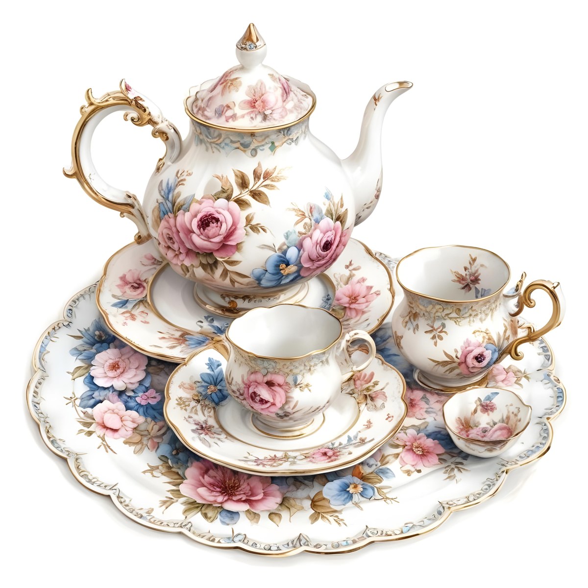 A Vintage Style Porcelain Tea Set With A Teapot Cups Saucers And A Tray The Set Is Decorated With A Floral Pattern Of Pink Roses Blue Flowers And Gold Accents The Teapot Has A Gold Colored Li 22 8a6d