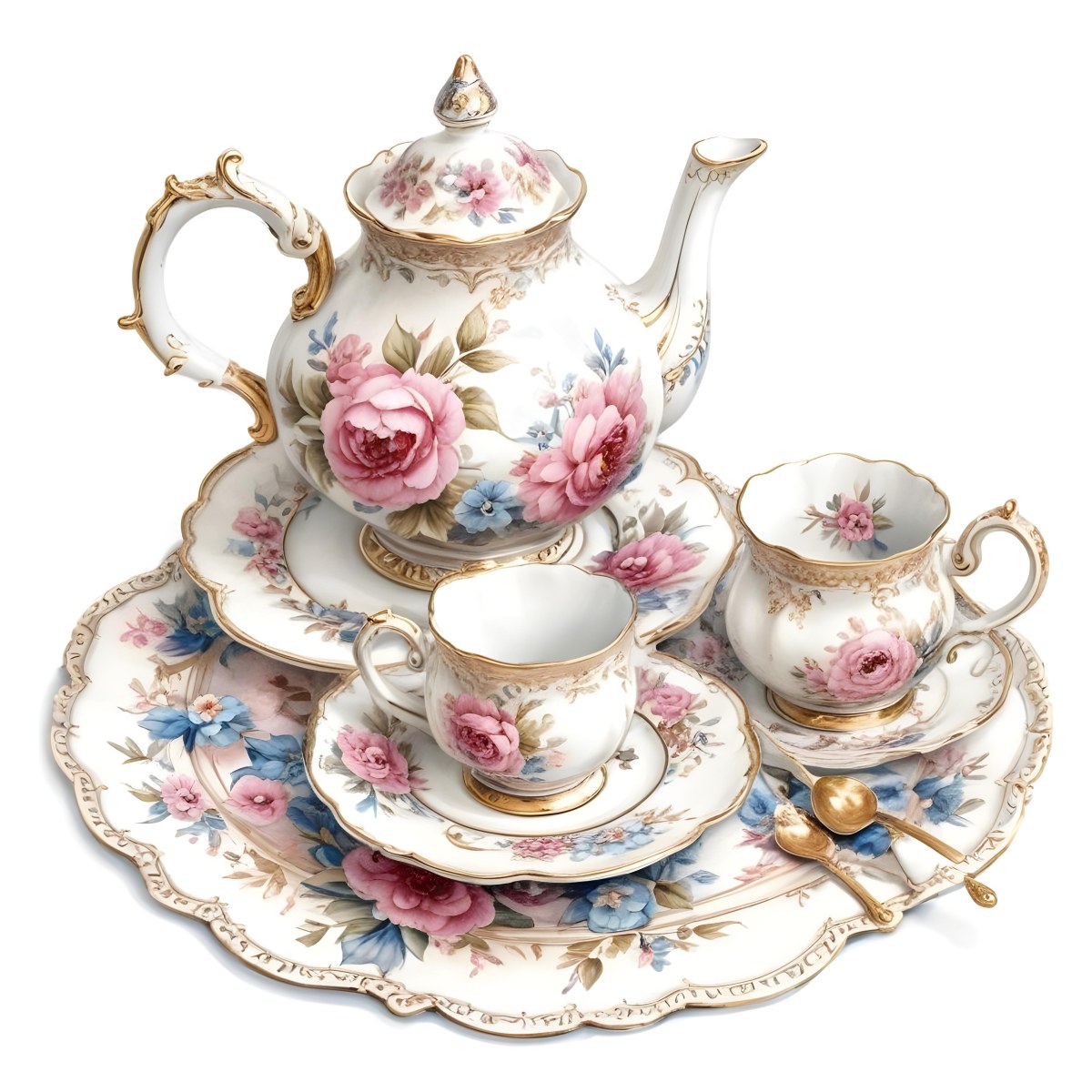 A Vintage Style Porcelain Tea Set With A Teapot Cups Saucers And A Tray The Set Is Decorated With A Floral Pattern Of Pink Roses Blue Flowers And Gold Accents The Teapot Has A Gold Colored Li 26 A0de
