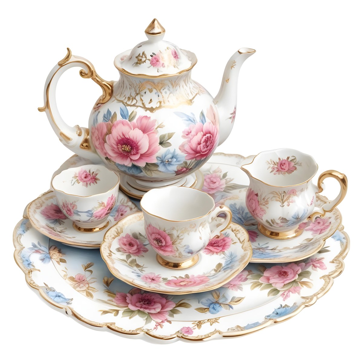 A Vintage Style Porcelain Tea Set With A Teapot Cups Saucers And A Tray The Set Is Decorated With A Floral Pattern Of Pink Roses Blue Flowers And Gold Accents The Teapot Has A Gold Colored Li 3 Fb6b