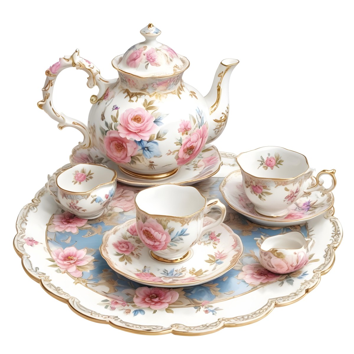 A Vintage Style Porcelain Tea Set With A Teapot Cups Saucers And A Tray The Set Is Decorated With A Floral Pattern Of Pink Roses Blue Flowers And Gold Accents The Teapot Has A Gold Colored Li 31 27e4