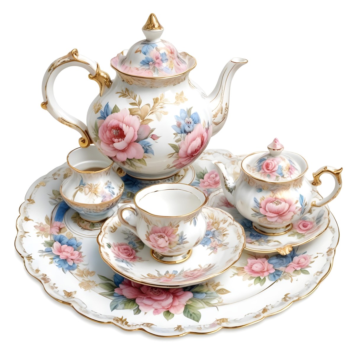 A Vintage Style Porcelain Tea Set With A Teapot Cups Saucers And A Tray The Set Is Decorated With A Floral Pattern Of Pink Roses Blue Flowers And Gold Accents The Teapot Has A Gold Colored Li 4 1a4c
