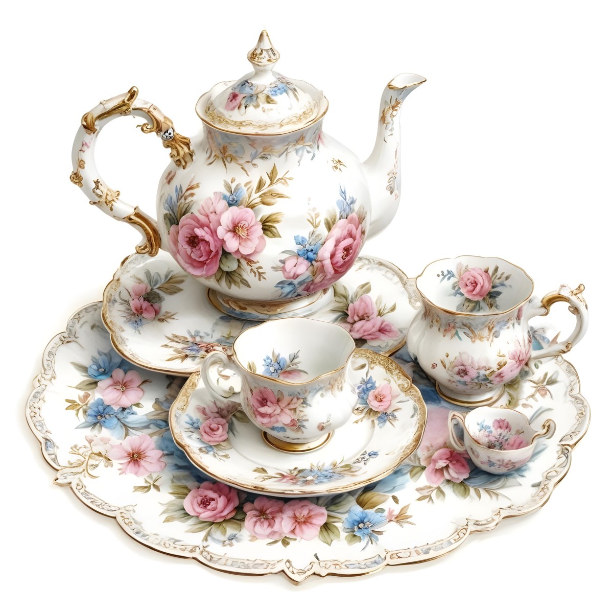 A Vintage Style Porcelain Tea Set With A Teapot Cups Saucers And A Tray The Set Is Decorated With A Floral Pattern Of Pink Roses Blue Flowers And Gold Accents The Teapot Has A Gold Colored Li 8 251a