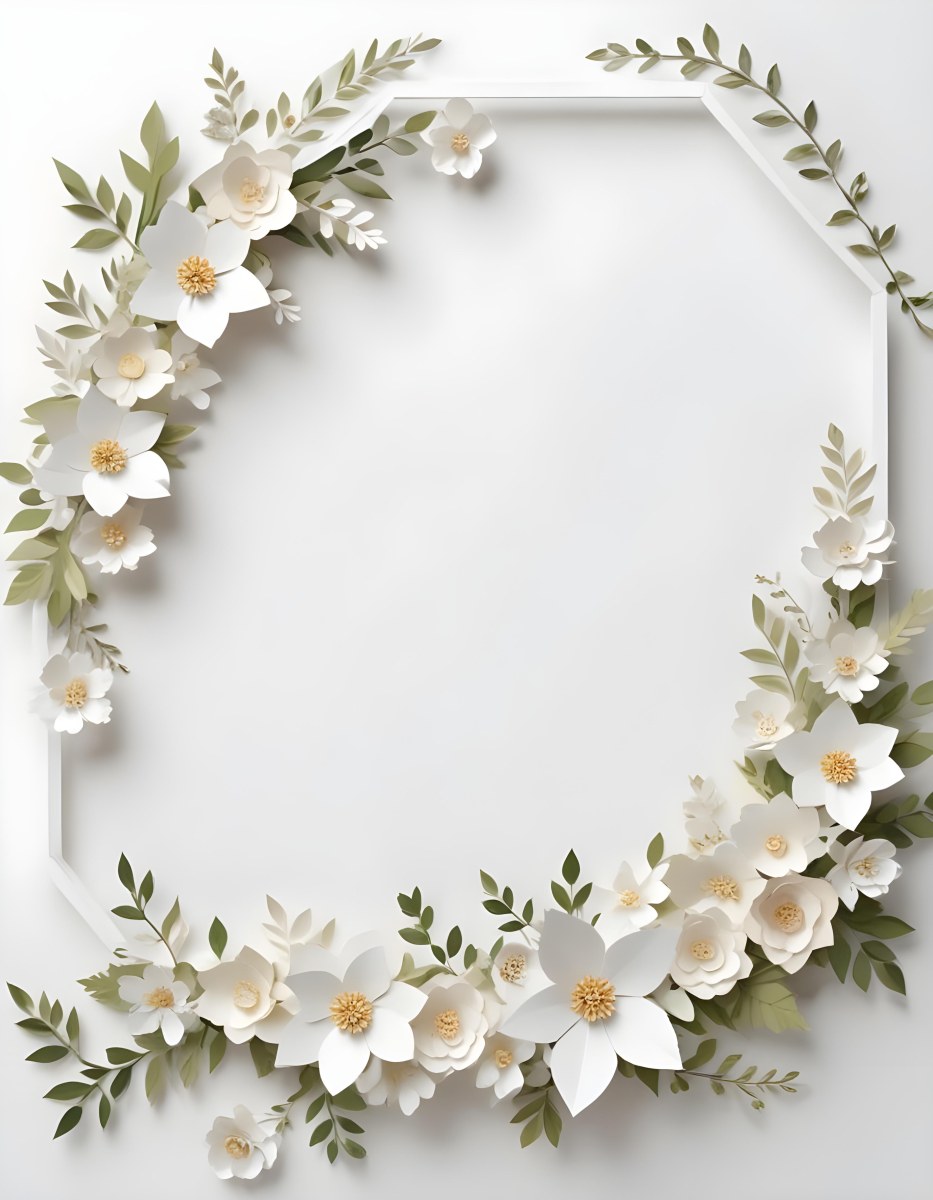 A White And Gold Ornate Frame With Floral Decorations Including White Flowers And Green Leaves Against A Light Blue Background 110 34fa