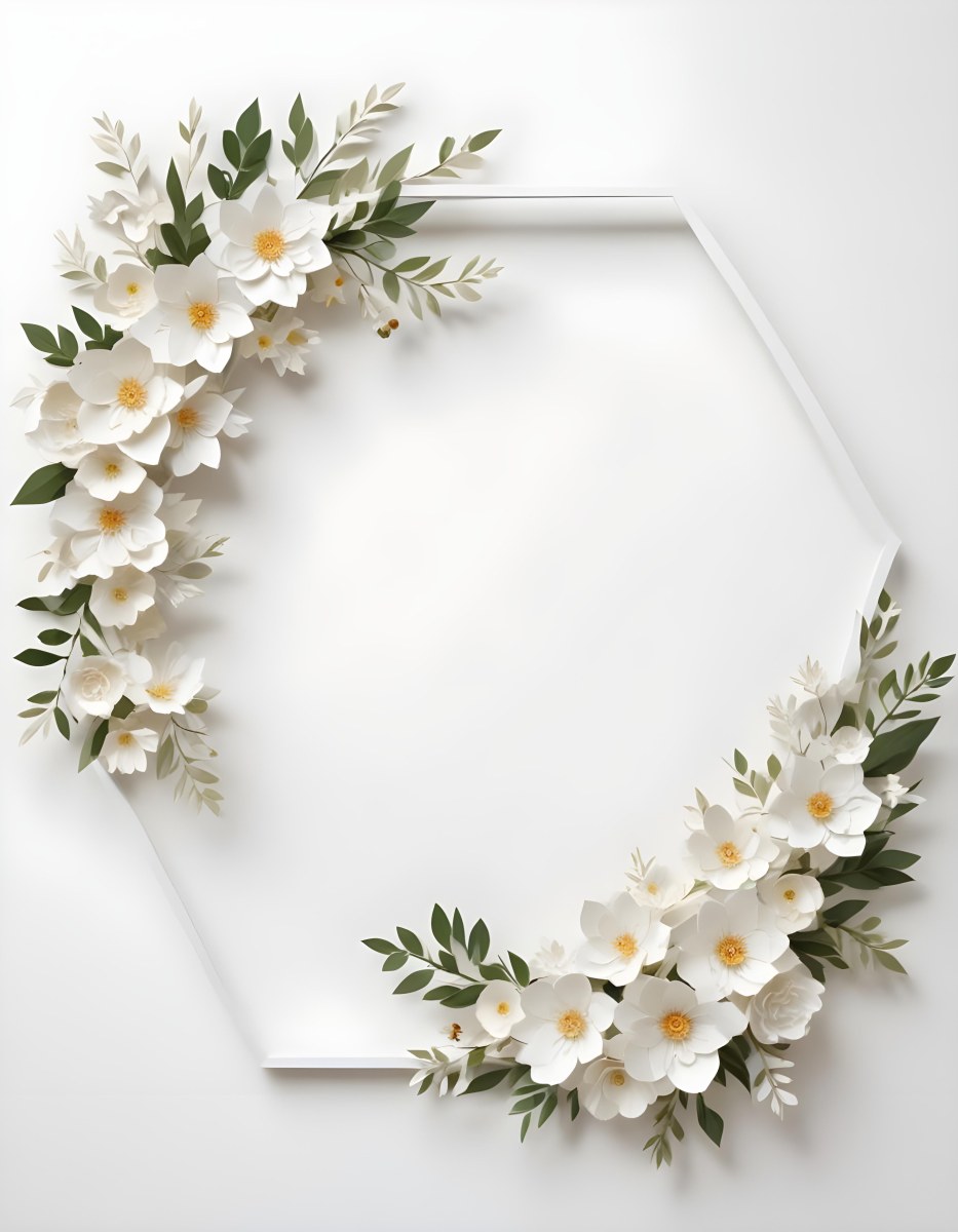 A White And Gold Ornate Frame With Floral Decorations Including White Flowers And Green Leaves Against A Light Blue Background 116 2b74