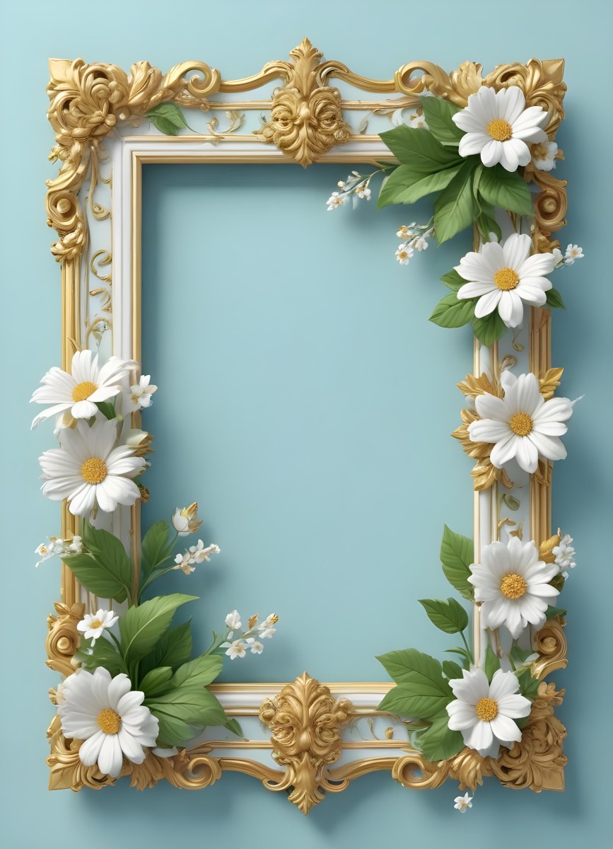 A White And Gold Ornate Frame With Floral Decorations Including White Flowers And Green Leaves Against A Light Blue Background 12 D0f2