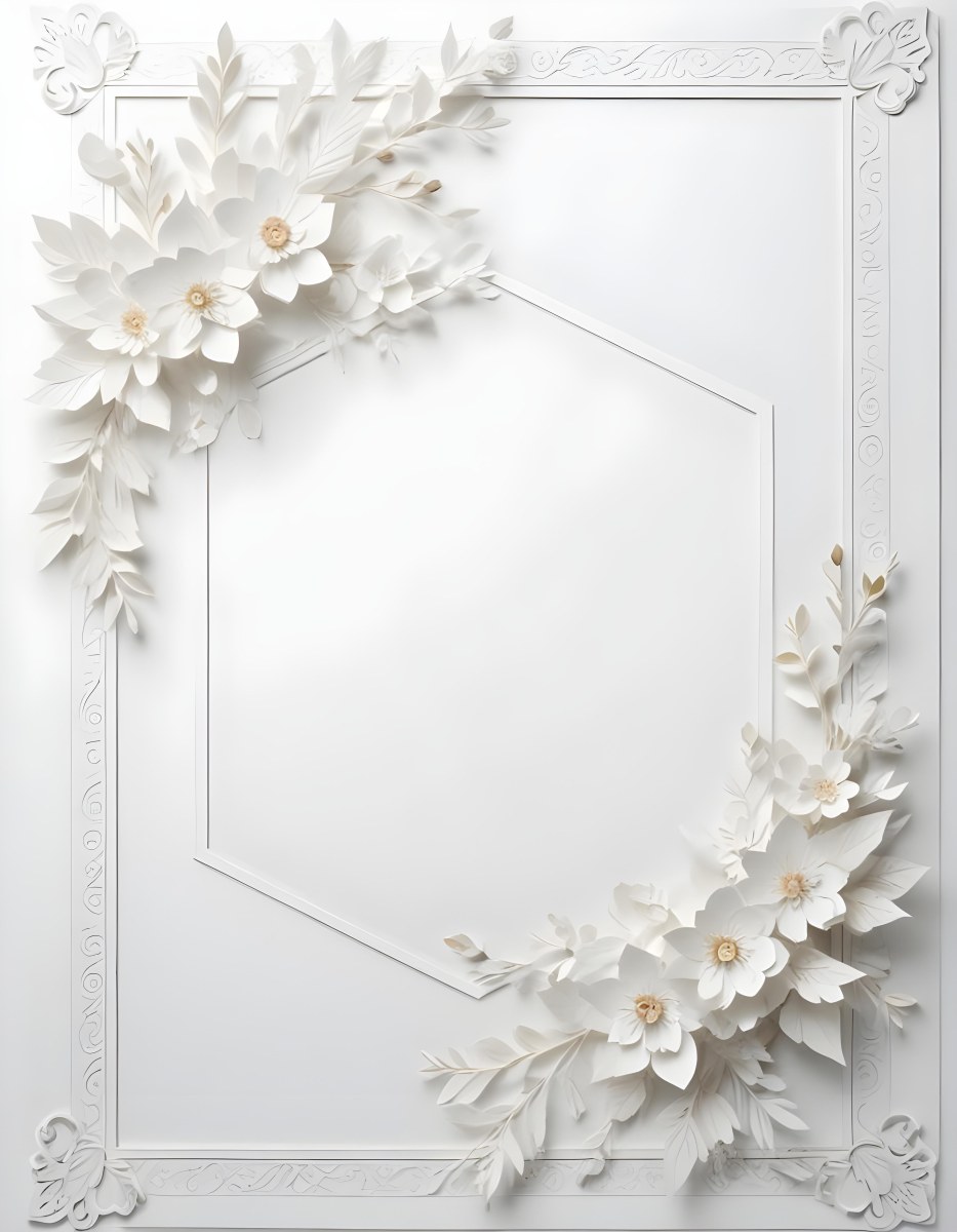A White And Gold Ornate Frame With Floral Decorations Including White Flowers And Green Leaves Against A Light Blue Background 123 1df4