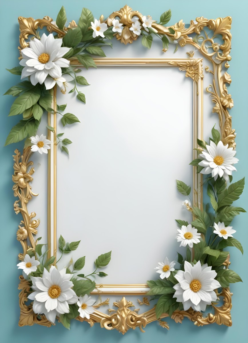 A White And Gold Ornate Frame With Floral Decorations Including White Flowers And Green Leaves Against A Light Blue Background 2 750f