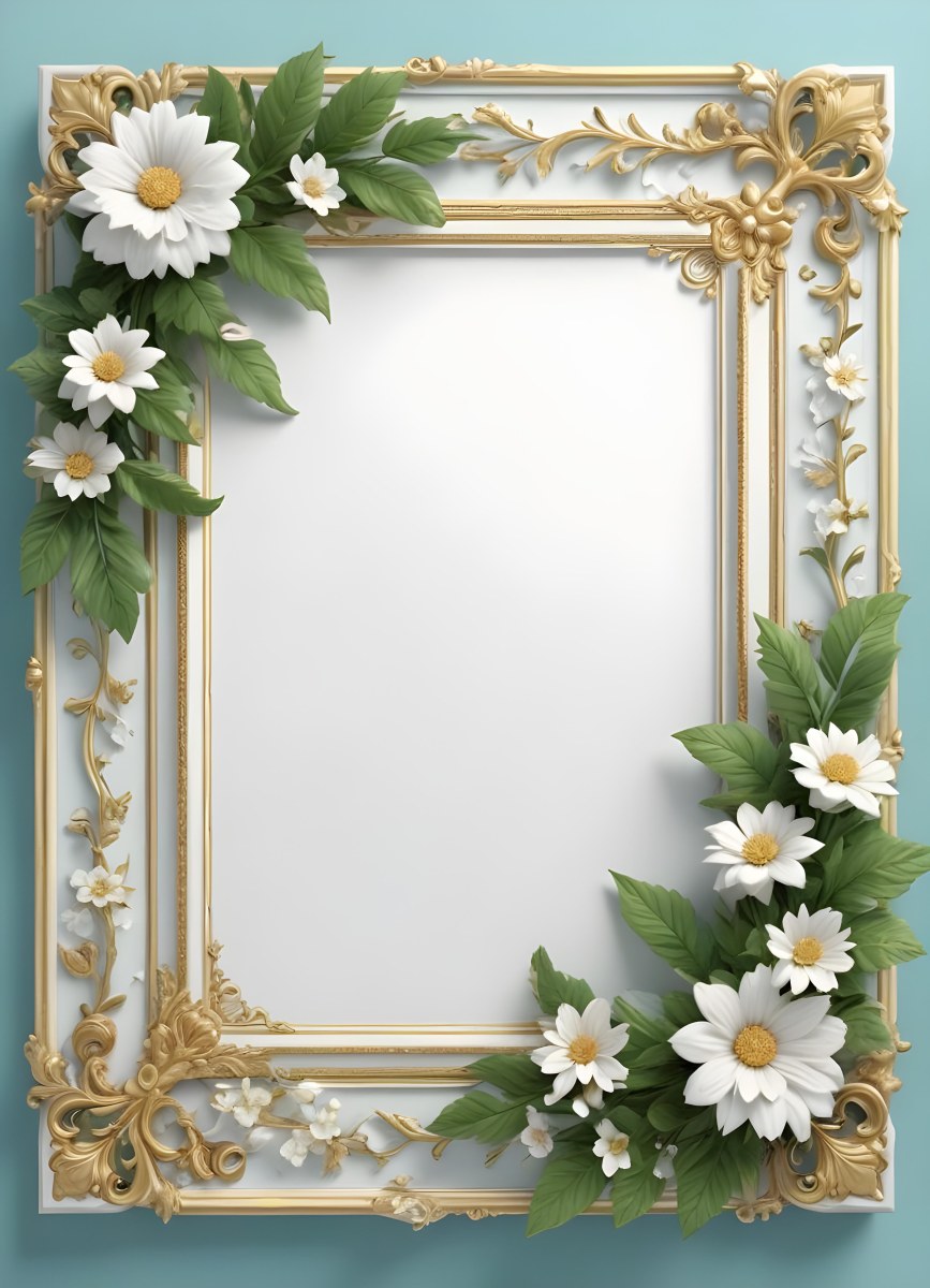 A White And Gold Ornate Frame With Floral Decorations Including White Flowers And Green Leaves Against A Light Blue Background 22 C918