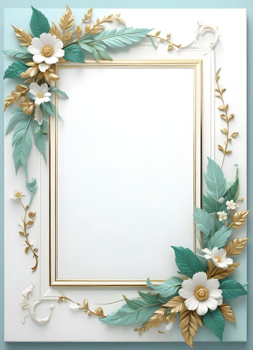 A White And Gold Ornate Frame With Floral Decorations Including White Flowers And Green Leaves Against A Light Blue Background 23 F2ee