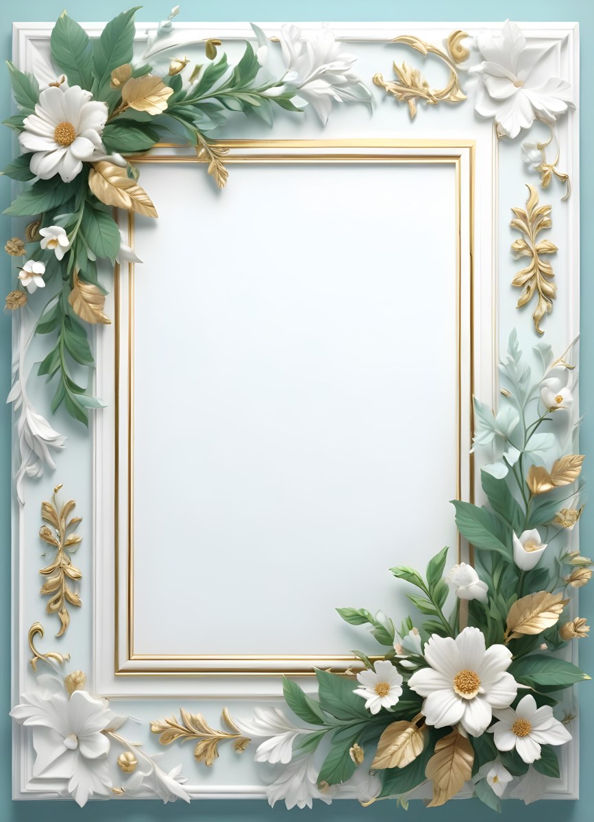 A White And Gold Ornate Frame With Floral Decorations Including White Flowers And Green Leaves Against A Light Blue Background 32 7773