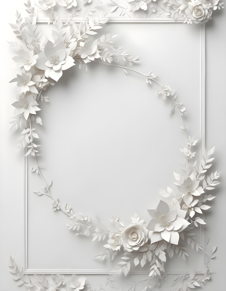 A White And Gold Ornate Frame With Floral Decorations Including White Flowers And Green Leaves Against A Light Blue Background 77 427d