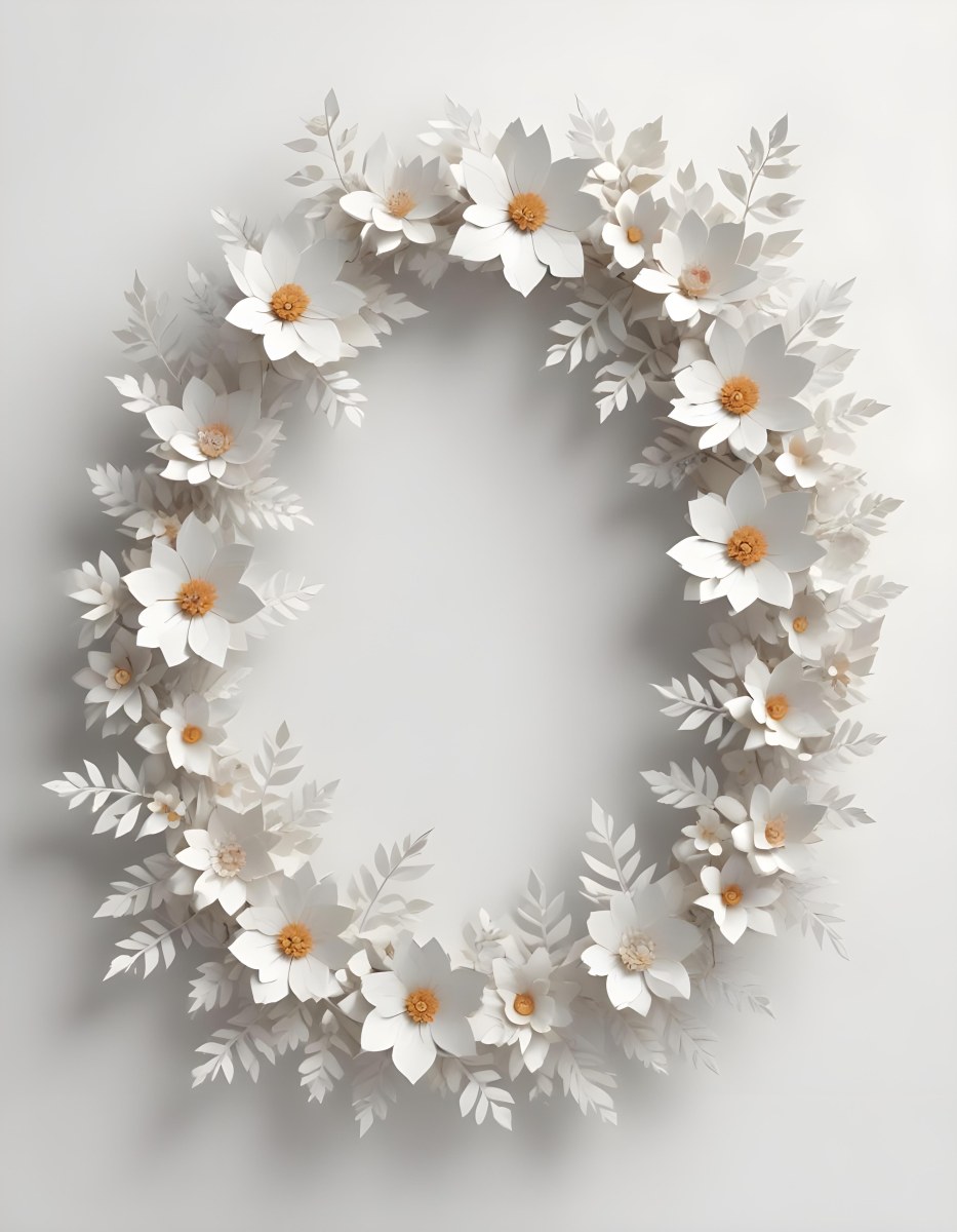 A White And Gold Ornate Frame With Floral Decorations Including White Flowers And Green Leaves Against A Light Blue Background 82 F29c