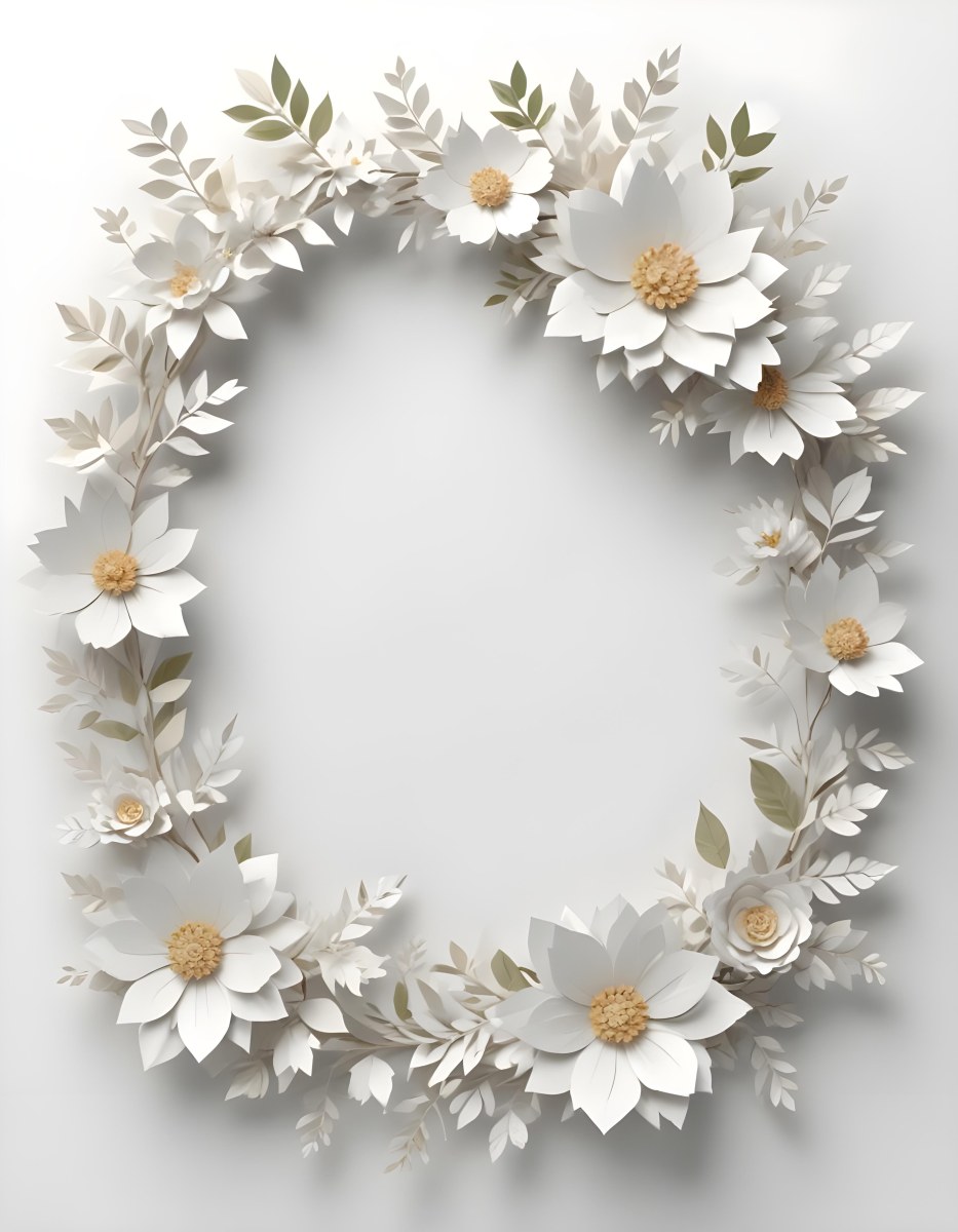 A White And Gold Ornate Frame With Floral Decorations Including White Flowers And Green Leaves Against A Light Blue Background 86 C624