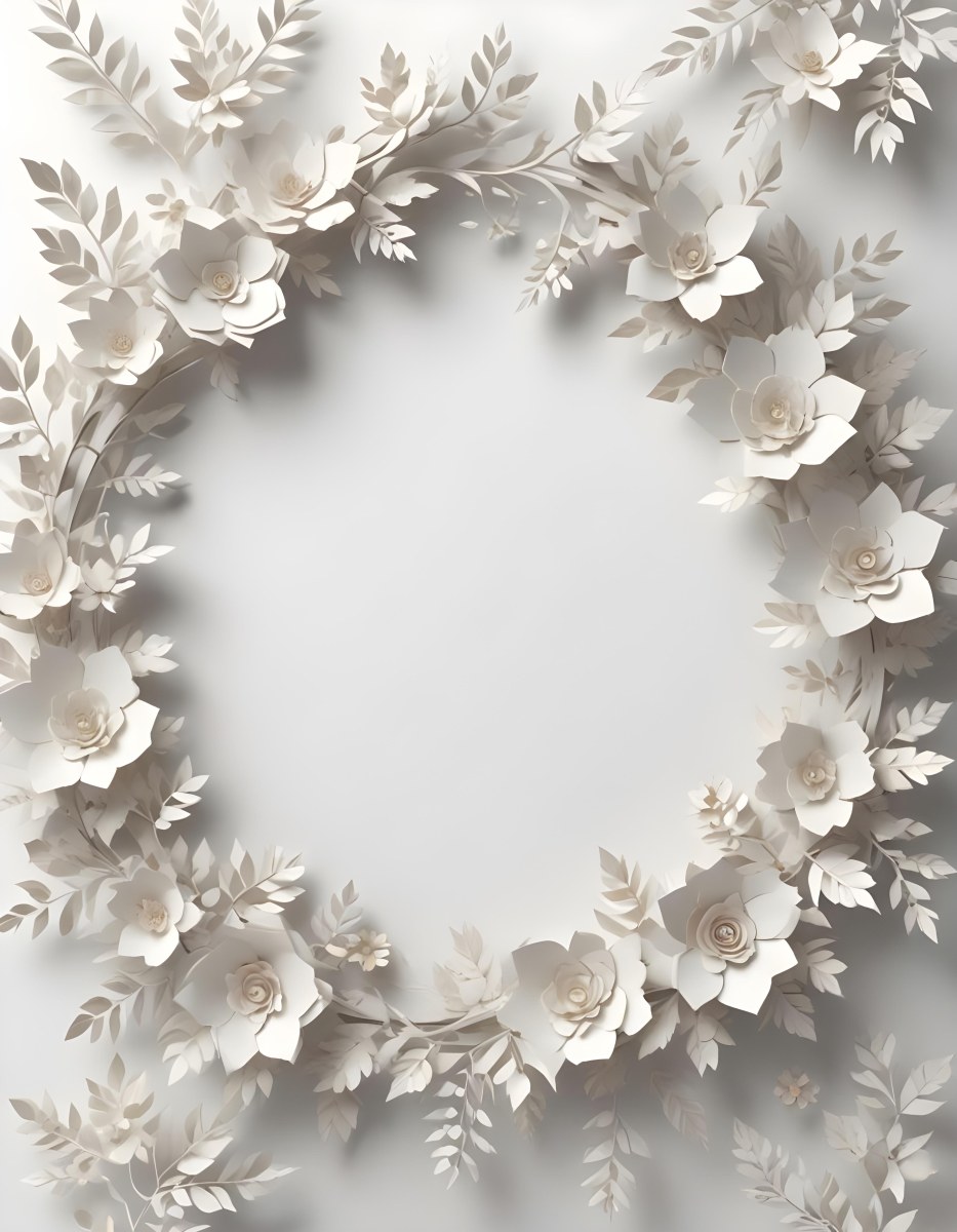 A White And Gold Ornate Frame With Floral Decorations Including White Flowers And Green Leaves Against A Light Blue Background 88 96b7